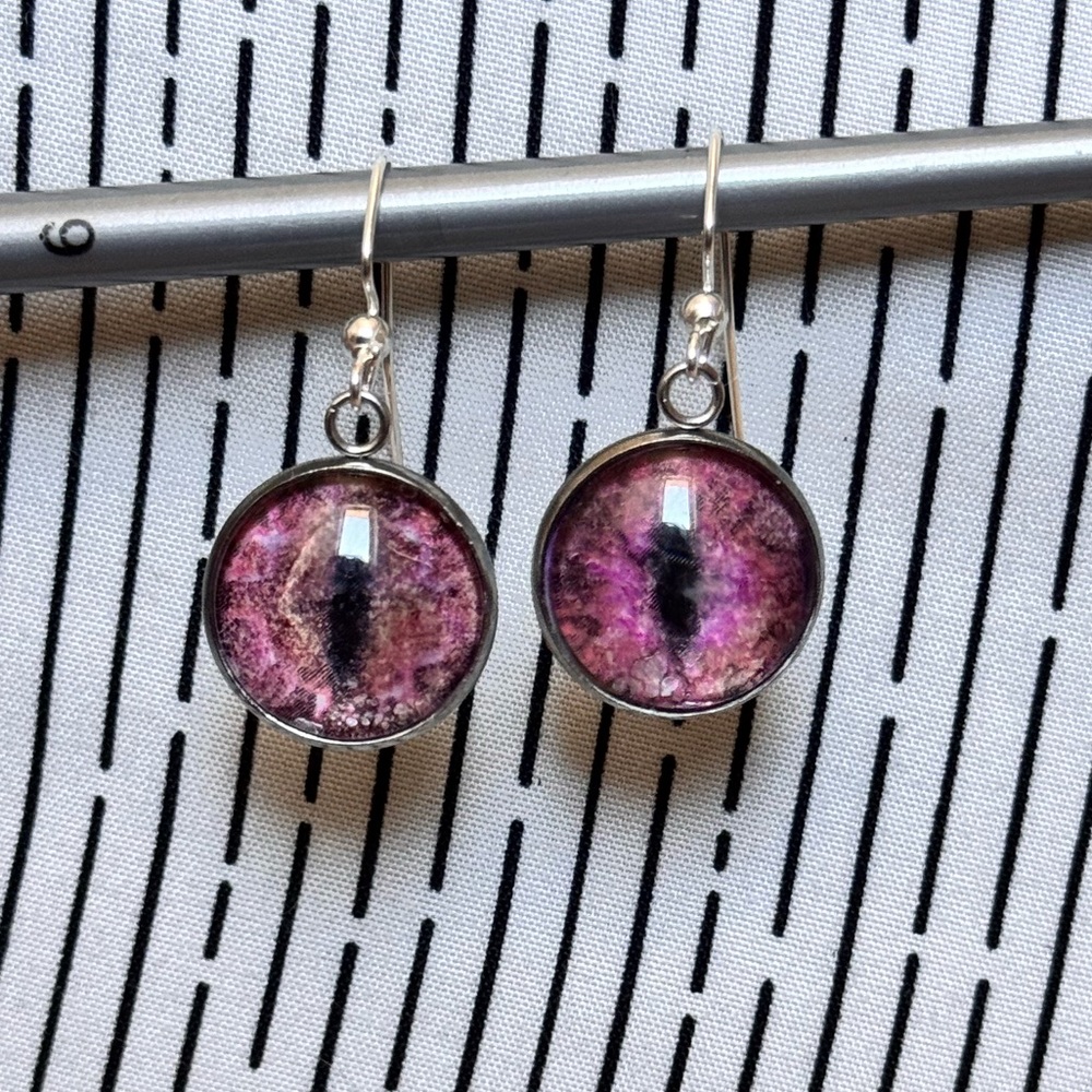 Pink/Purple Mythical Creature Cat Eye Silver Drop Earrings